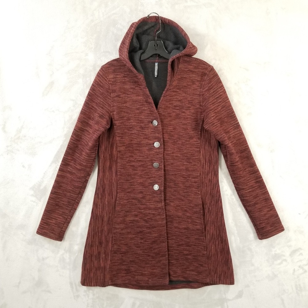 Kuhl Sweater Women M Wool Blend Long Line Button Front Hoodie Jacket‎ Red Spice